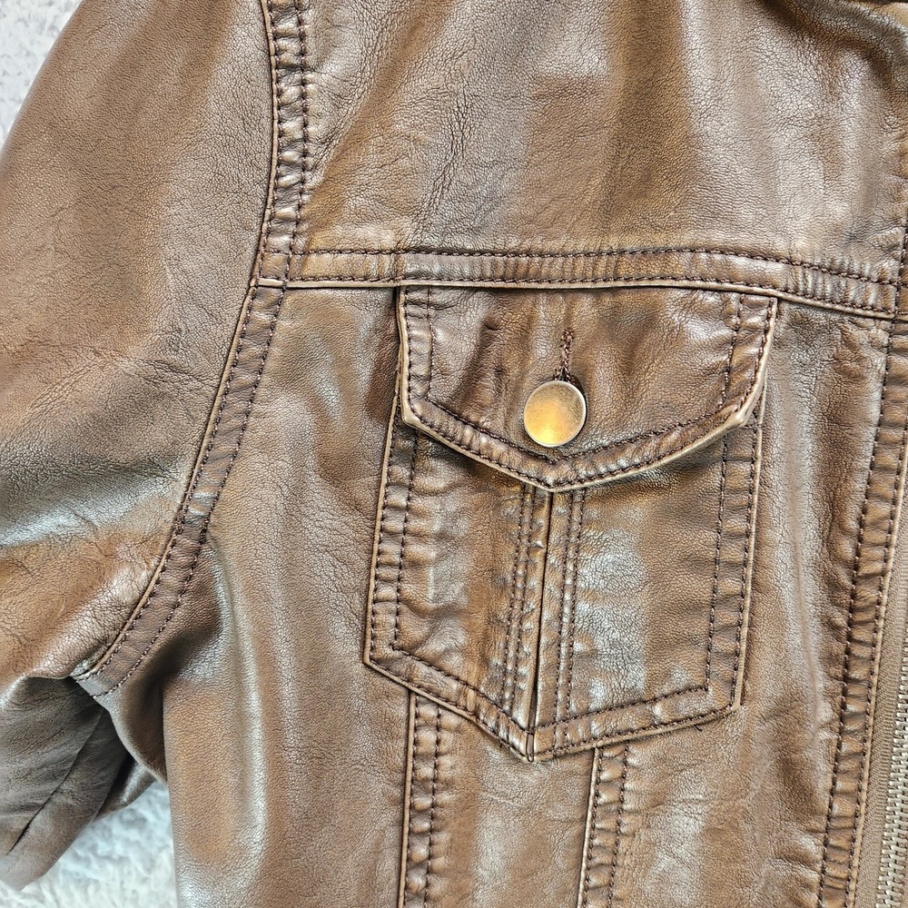 LA Coalition Faux Leather Jacket Women's M Brown Lined Long Sleeve Hood Full Zip - Picture 8 of 14